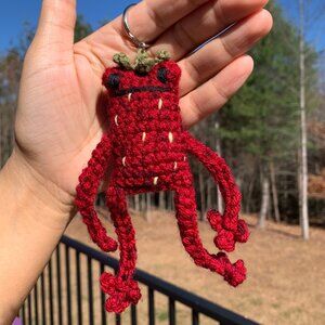 Strawberry Leggy Frog Crochet Red Strogferry Soft Bag Charm| 7” Length
